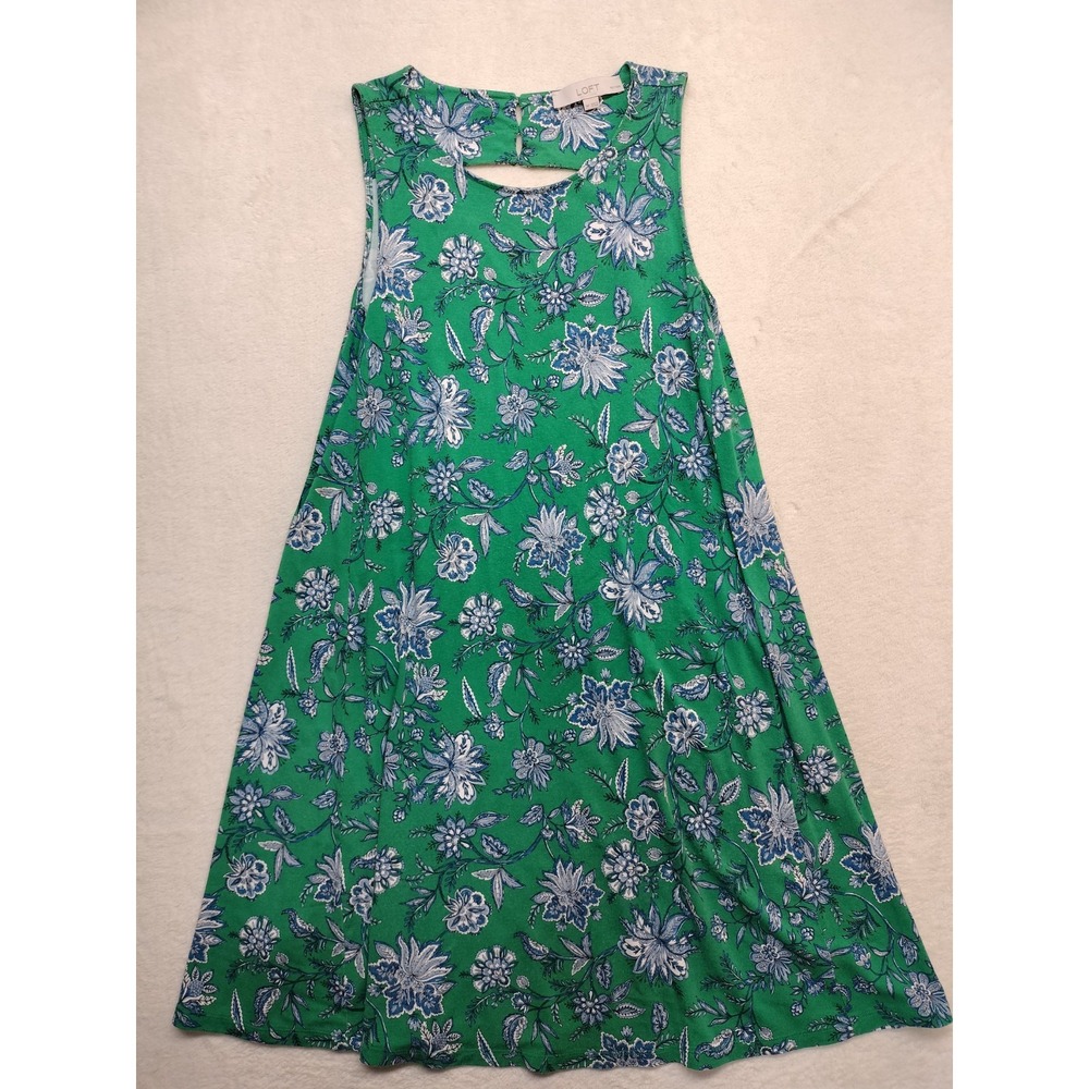 Loft dress medium petite keyhole back floral green stretch jersey sleeveless